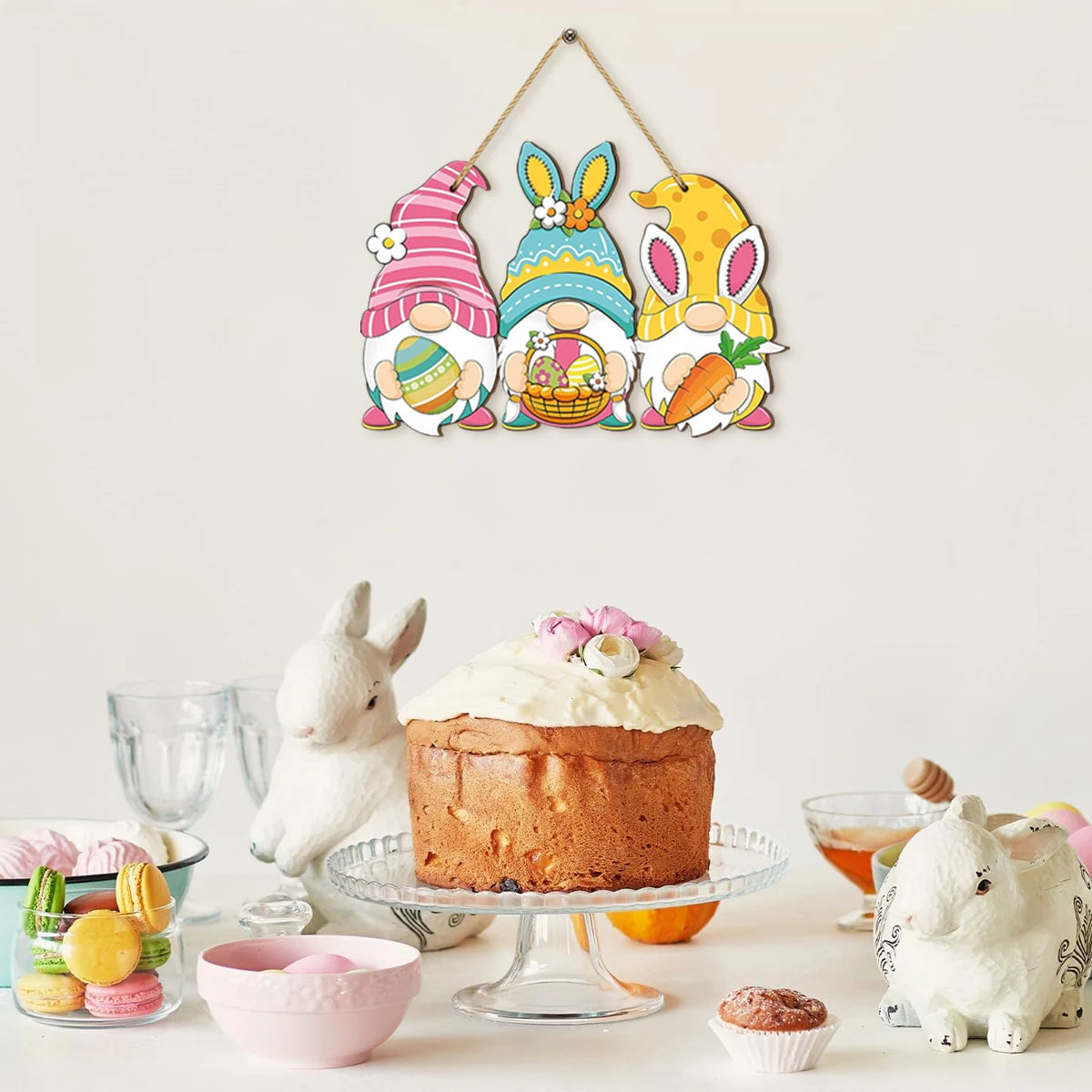 Rustic Wooden Easter Sign, Bunny Gnome Design, Holiday Hanging Ornament for Home & Celebrations, Unique Gift for Friends ﻿ Qme
