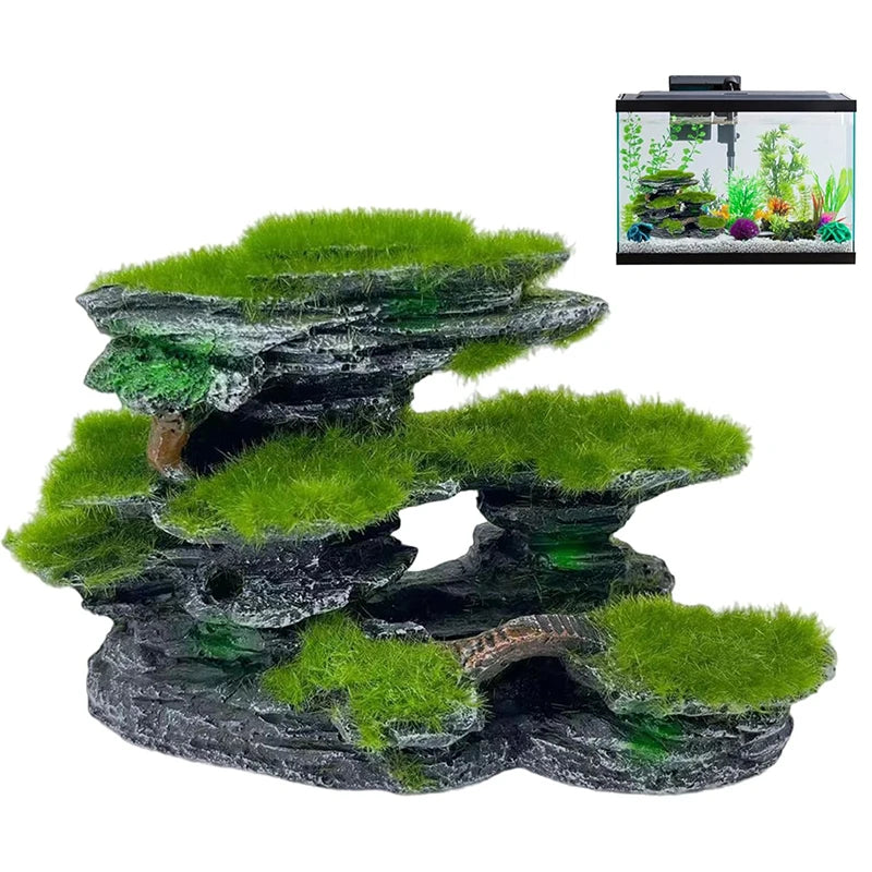 Aquarium Mountain View Stone Mossed Hideout Submersible Resin Qme