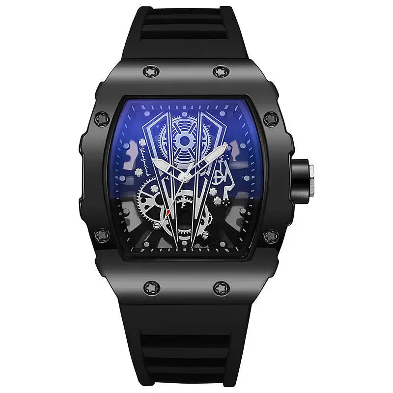 2026 Hollow out Richard wine barrel shaped quartz watch for men, silicone watch for men, business calendar, sports watch for men Qme 1PC Black Black