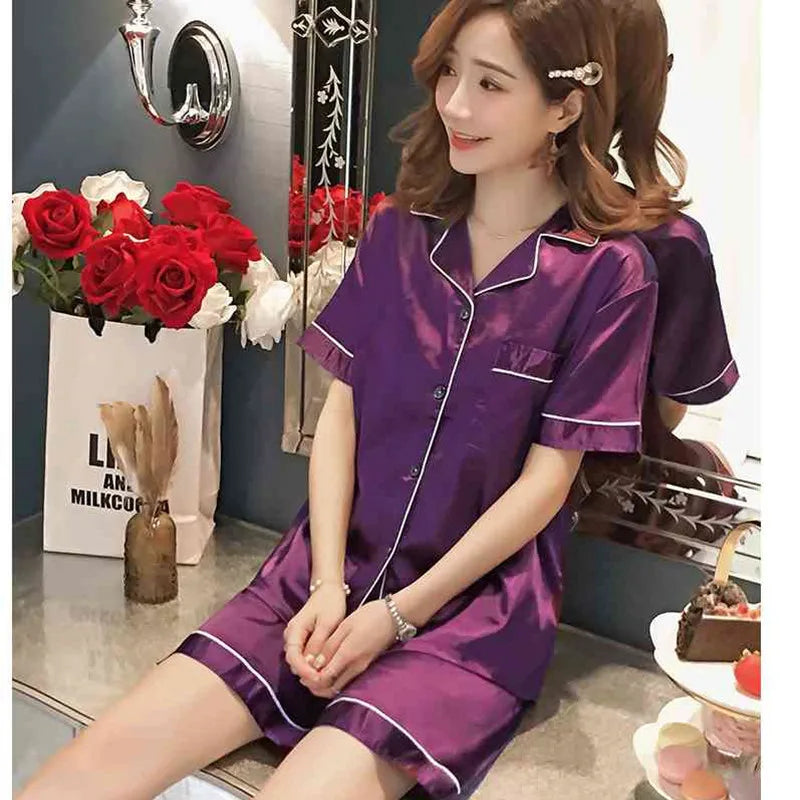 A Women's Sleepwear Simple Satin Pajama Set Long Sleeve Buttons Lapel Top With Elastic Pants Loungewear Nightwear 2 Piece Nighty Qme Double Short Purple 5XL