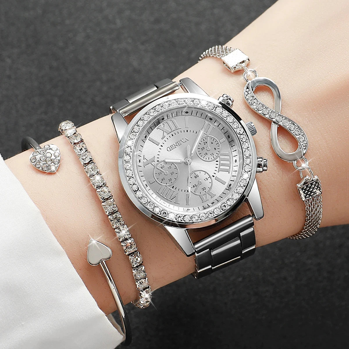Elegant Sparkling Rhinestone Women Gift Set, GENEVA Gold Tone Chronograph Watch Matching Diamond Heart Infinity Jewelry Bracelet Qme Gold
