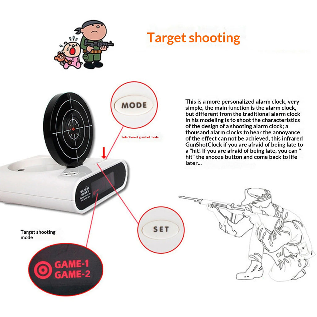 Target Alarm Clock with Gun & LED Display Personalized Wake Shot Alarm Clock Ringtones Customization for Home Office Living Room Qme