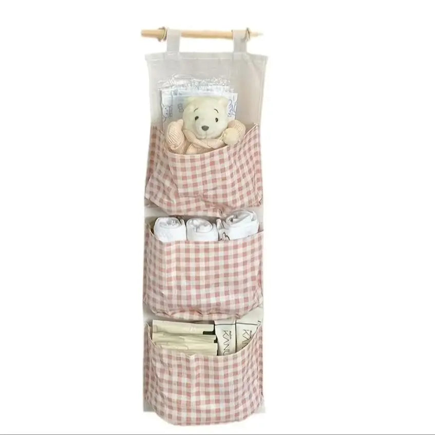 Pink Storage Bag Rack Canvas Wall Mounted Bedroom Storage Bag Multifunctional for Books, Jewelry, and Miscellaneous Items Qme Pink