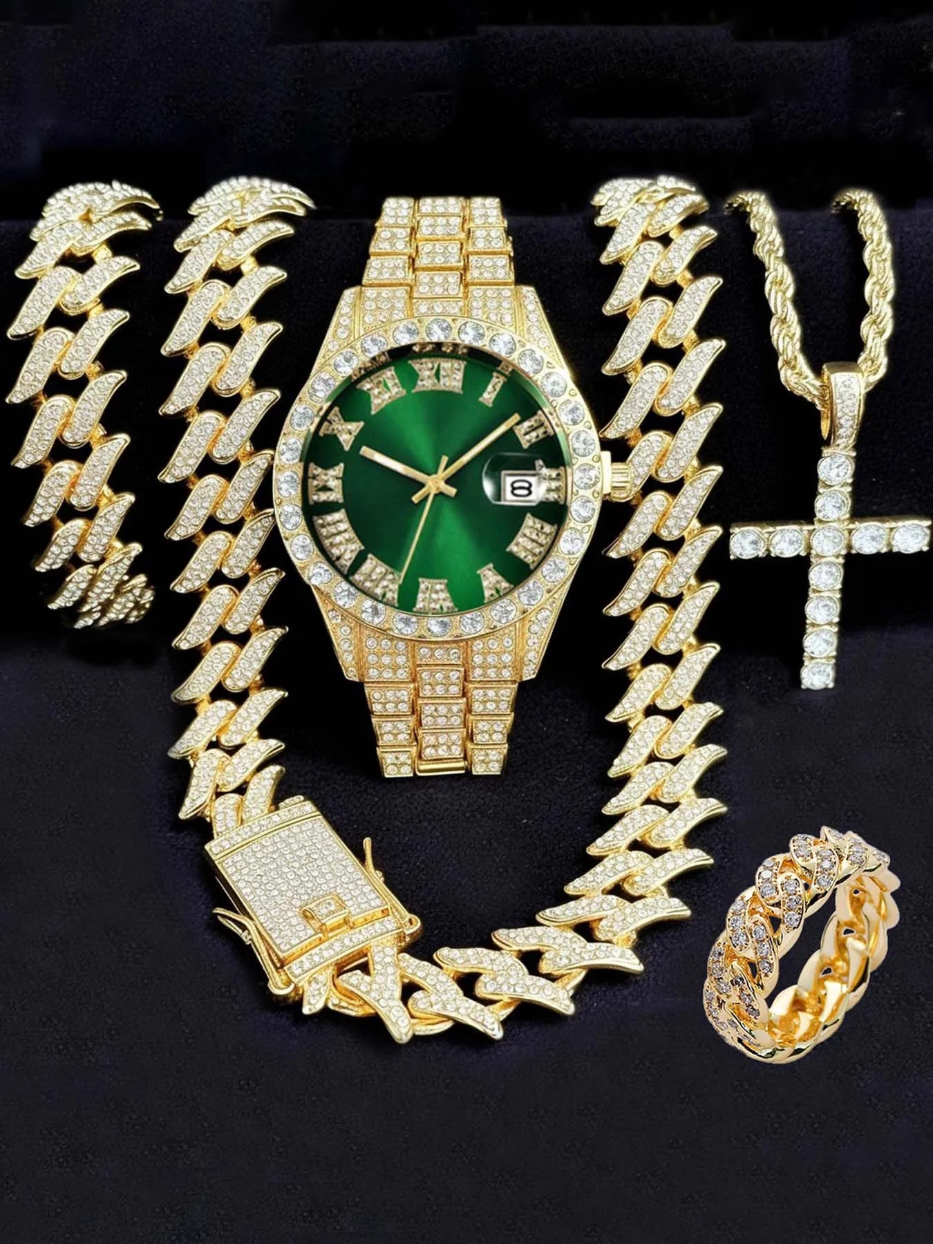 Diamond studded Roman style fashion watch with calendar for women, women's watch set for women Qme Coffee