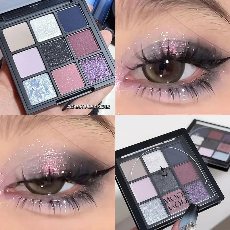9 Colors Dark Punk Smoked Eyeshadow Palette Black Purple Pearl Matte Brightening Lying Silkworm Fine Shimmer Earth Color Makeup Qme Purple
