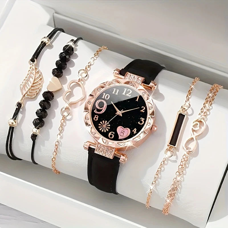 5Pcs Women Pink Suede Strap Watch Set, Floral Bezel Snowflake Dial Quartz Watch + Leaf Heart Pink Crystal Stack Bracelets Qme Rose