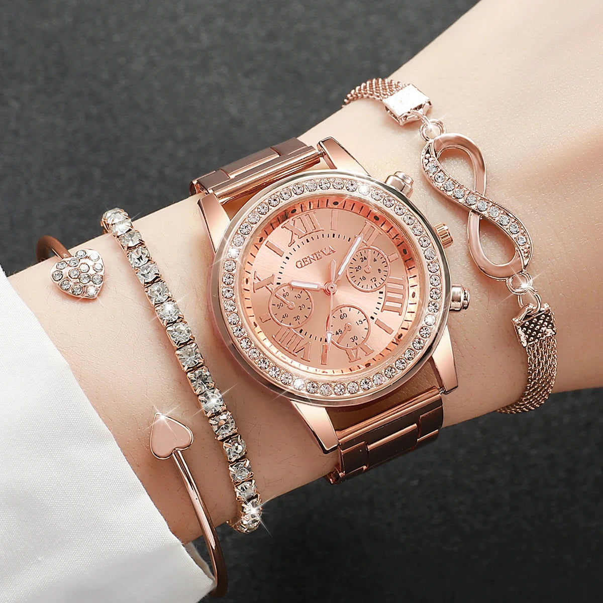 Elegant Sparkling Rhinestone Women Gift Set, GENEVA Gold Tone Chronograph Watch Matching Diamond Heart Infinity Jewelry Bracelet Qme Brown