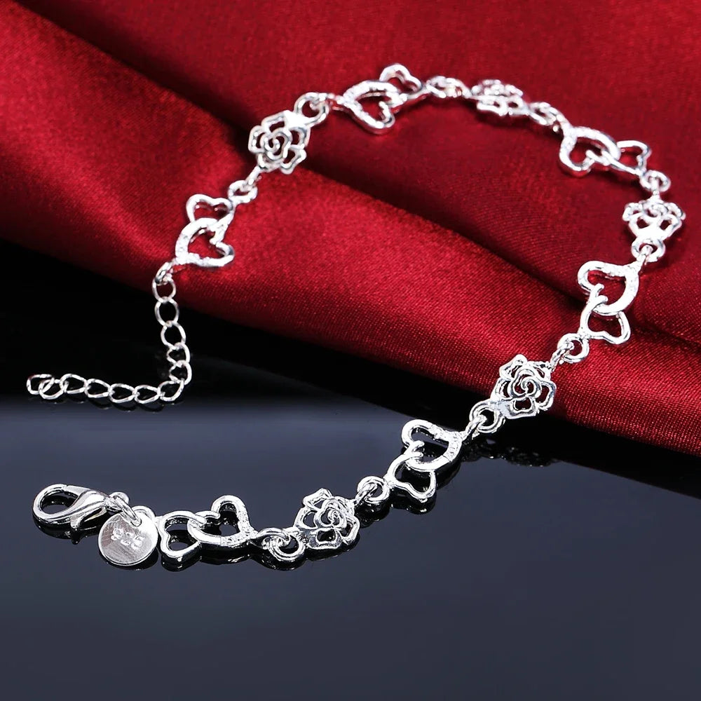 Charm 925 Sterling Silver Bracelets for Women Flowers heart Chain Fashion Wedding Party Christmas Gifts fine Jewelry Qme 20cm 8inches
