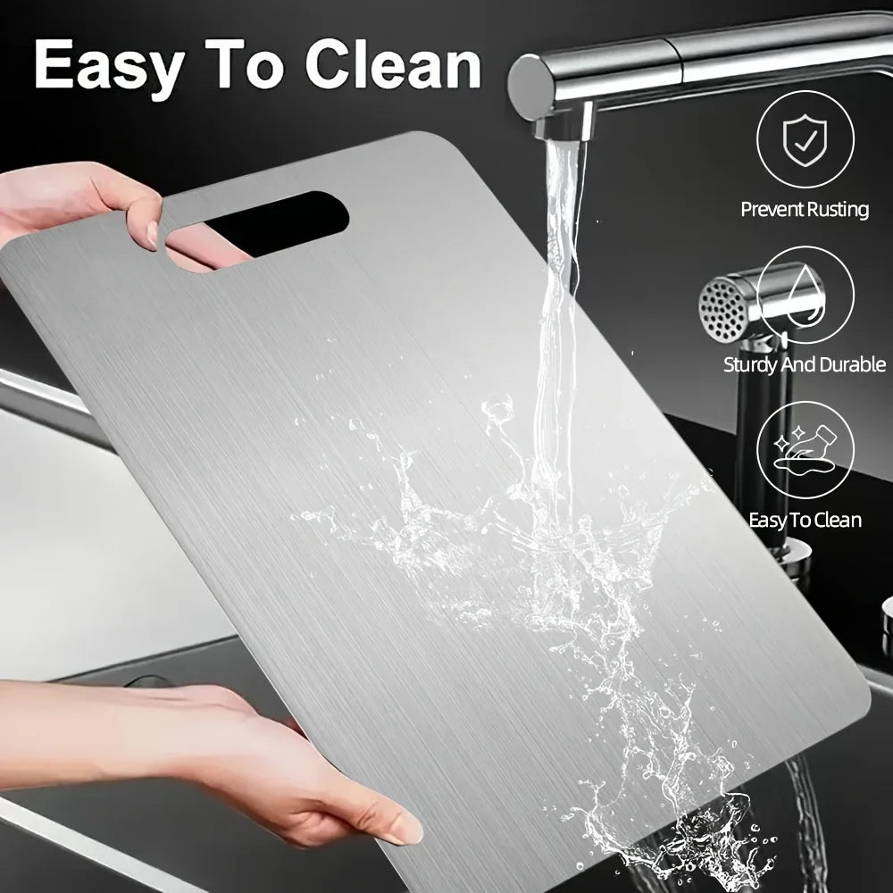 Premium Stainless Steel Cutting Board with Handle - Double-sided Design for Cutting Fruits, Vegetables, Bread, and Meat Qme