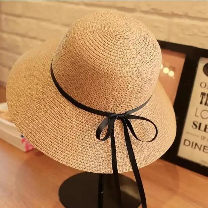Women Summer Straw Hat Foldable Wide Brim Sun Protection Beach Korean Qme