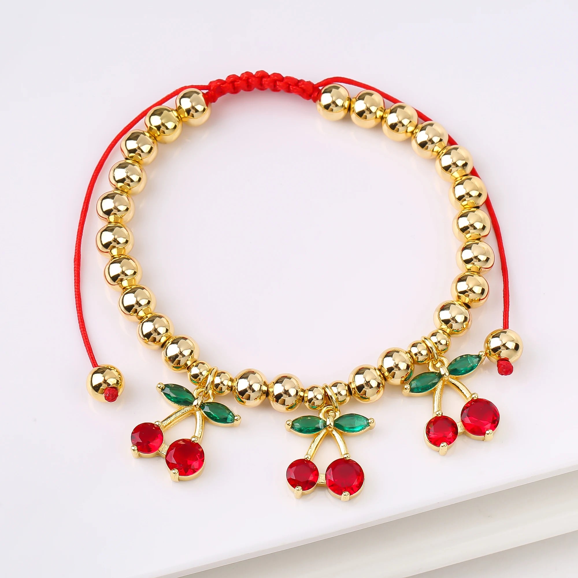 Gold-Plated Copper Bead Chain Braid Crystal Red Cherry Bracelet for Woman Female Daily Party Wrist Jewelry Friendship Gift Qme 12