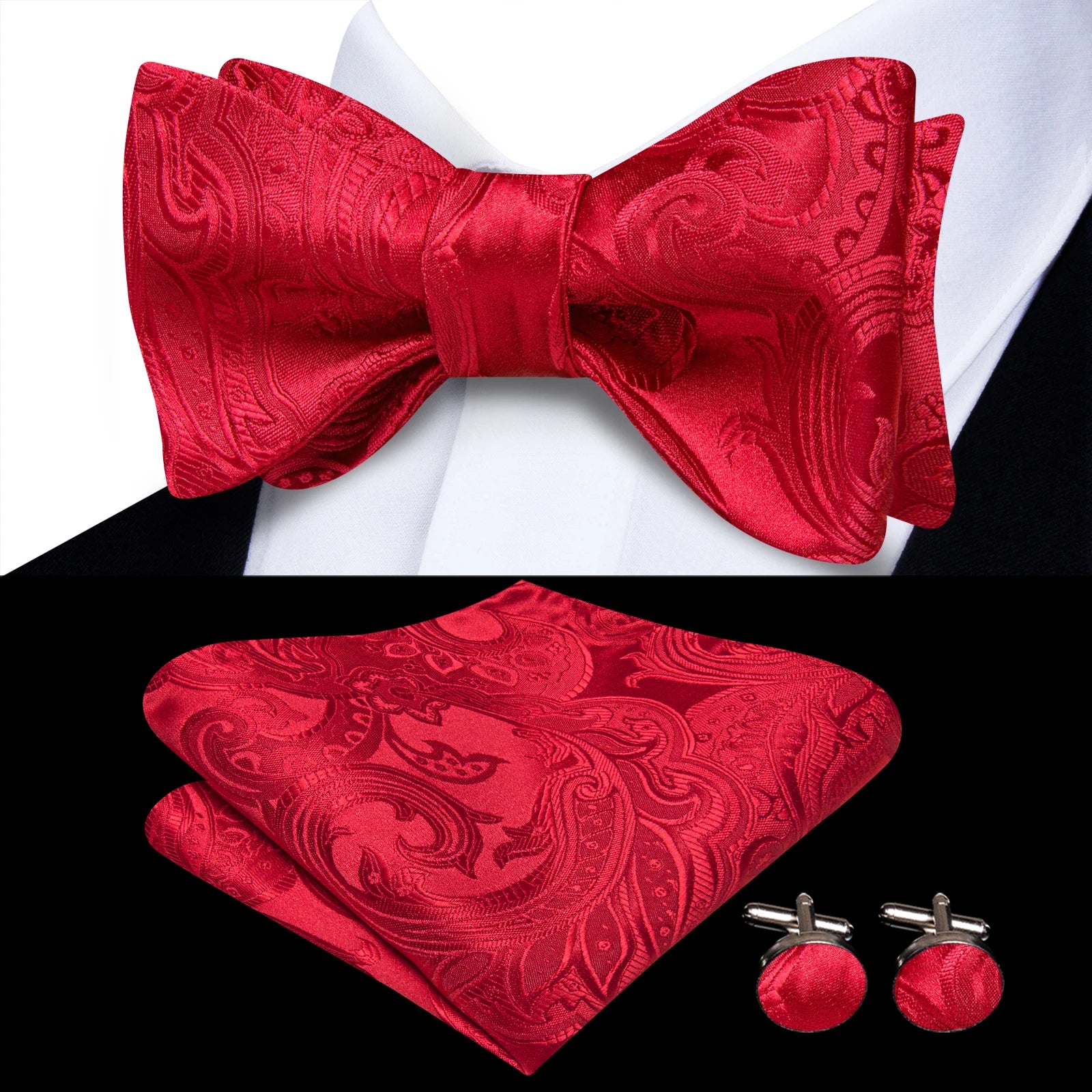 Pink Orange Sky Blue Hi-Tie Mens Bow Tie Pocket Square Cufflinks Set Self-tied Butterfly Knot Bowtie for Wedding Business Gift Qme HT-LH-2291