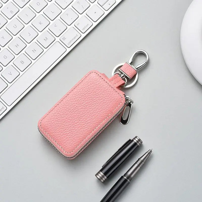 High-end Leather Key Case Unisex Zipper Lock Pouch Perfect Car Home Qme Pink