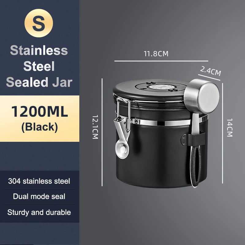 1 2 5 Coffee Bean Jar Airtight Canister Sealed Stainless Steel Spoon Qme 1200ml Black