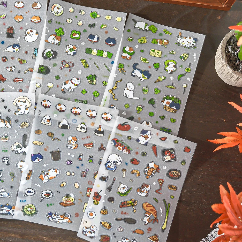 8Sheets Adorable Pets and Food Theme PET Stickers Precision Cut for Scrapbooking Journaling Decorate Phone Case Laptop DIY Qme