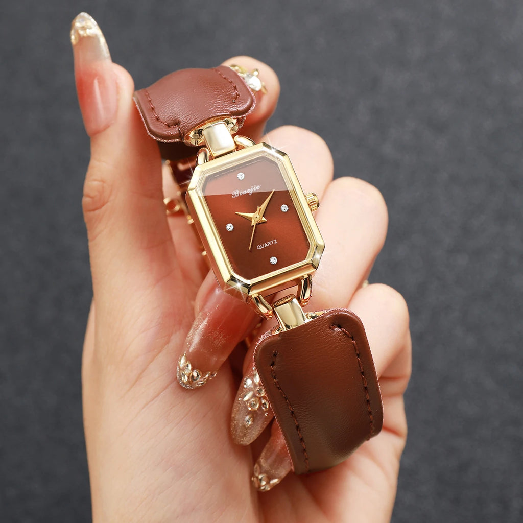 Women's Gold Watch Jewelry Set, 4Pcs Brown Dial Watch + Brown Heart Bracelet + Necklace + Earrings, Minimalist Elegant Style Qme