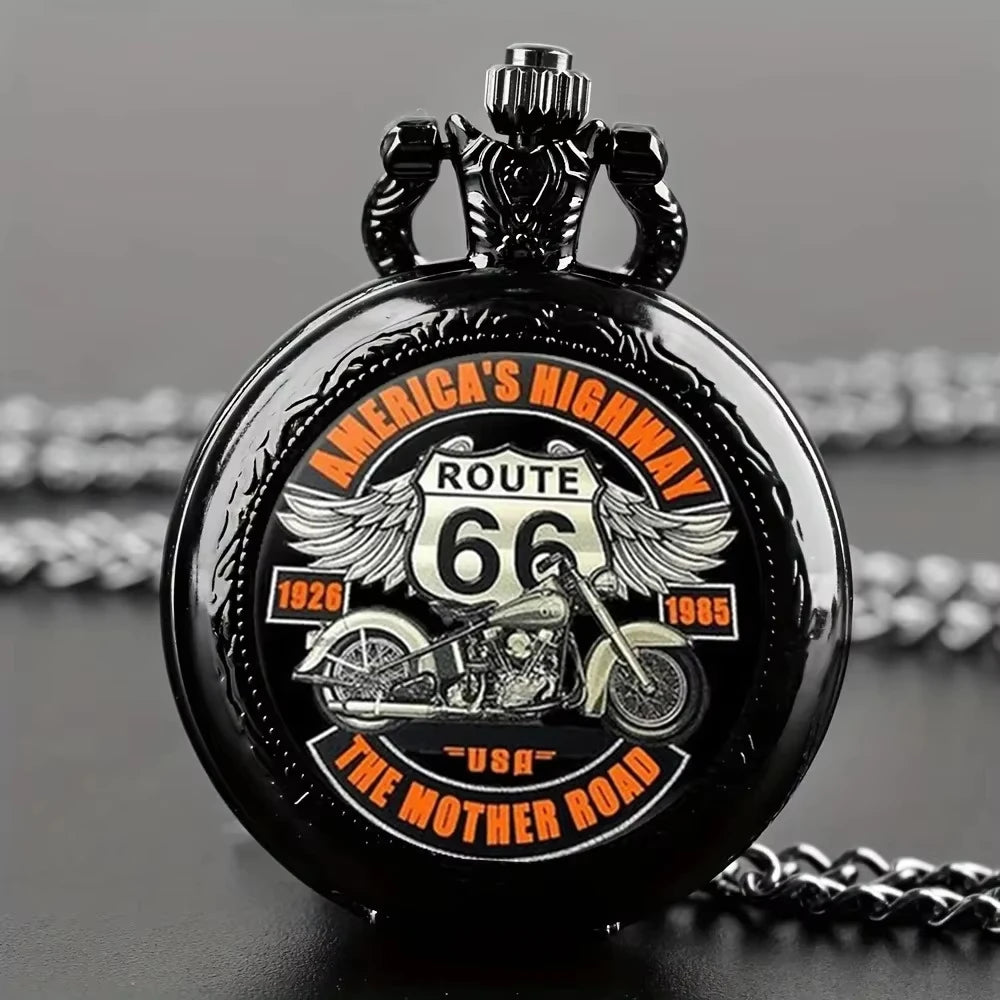 Route 66 The Mother Road Motorcycle Pattern Pocket Watch Design, Precise Quartz Movement Watch, Gift For Men And Kids Qme black