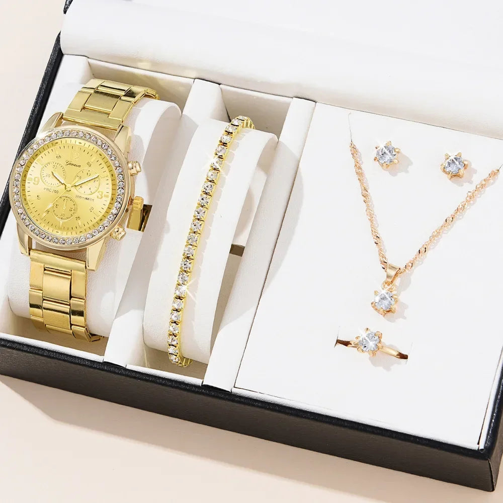 Women Quartz Watch Luxury with Diamonds Simple Stainless Steel Strap Clock Ring Necklace Earrings Rhinestone Set Reloj (no Box) Qme