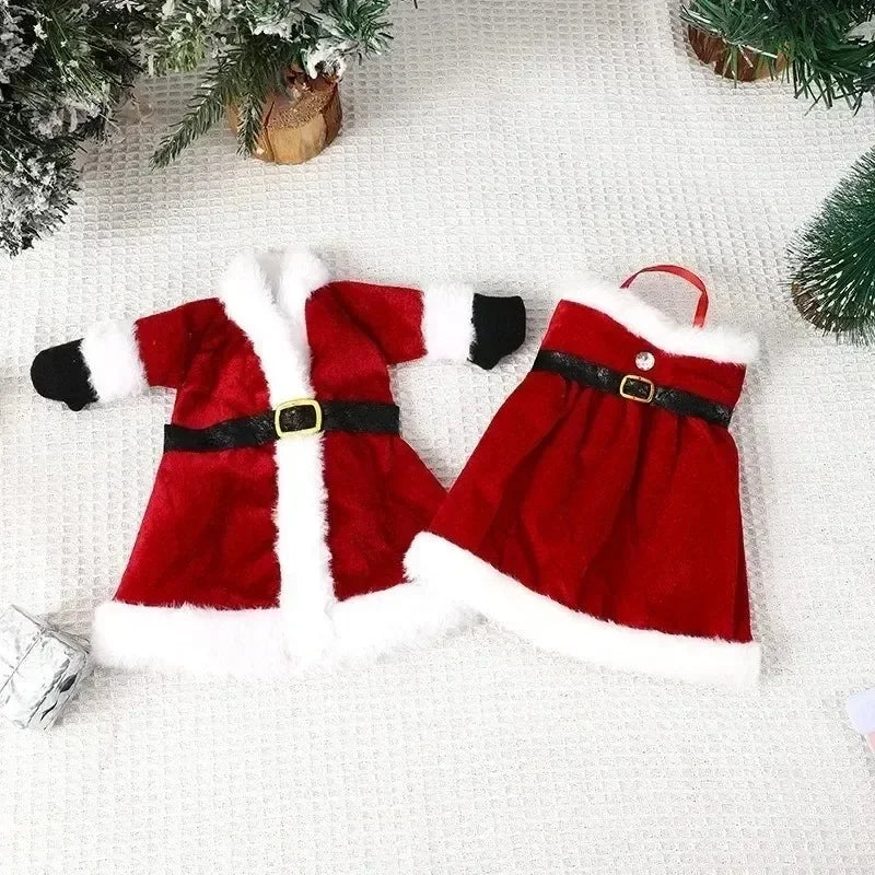 2PCS Christmas Wine Bottle Cover Velvet Dress Clothes Set Wine Bottle Ornaments Bag Xmas Party Dinner Table Decoration Gifts Qme
