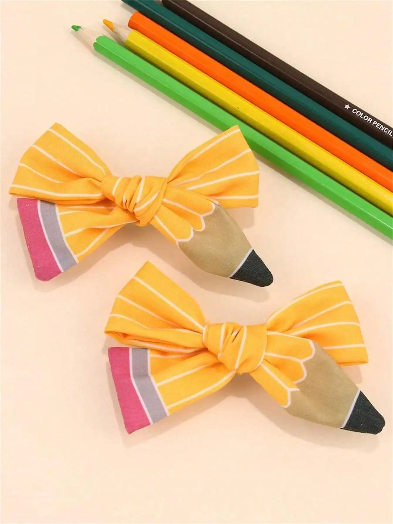 Season Pencil Hair Bow Clips White Line Ponytail Holder Ribbon Qme