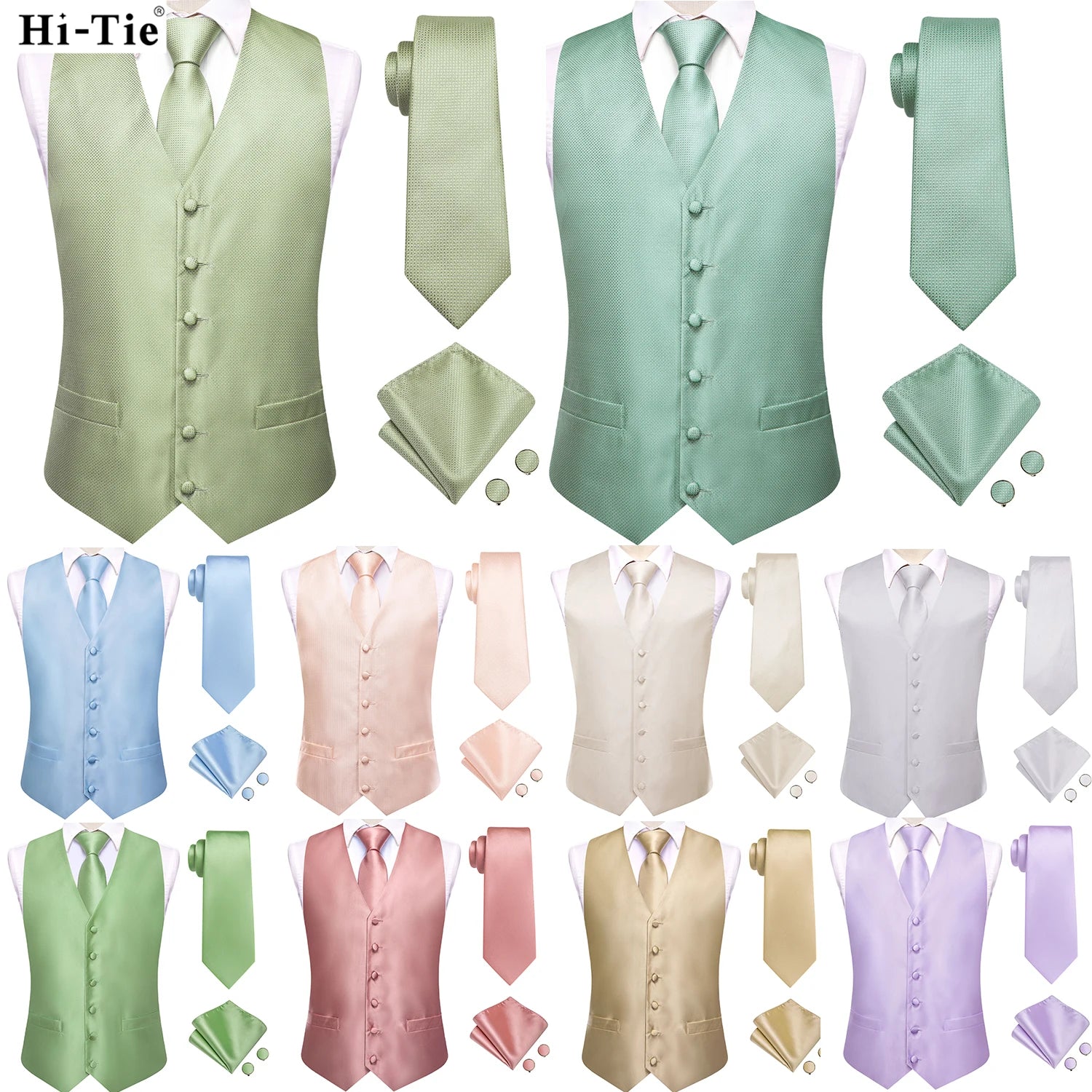 Sage Green Solid Floral Mens Suit Vests Woven Blue Waistcoat Tie Qme