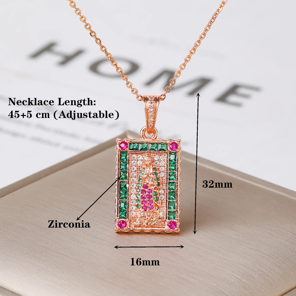Luxury Bling Zirconia Virgin Mary Pendant Necklace Gold Plated Religious Catholic Baptism / Confirmation Jewelry for Women Gift Qme