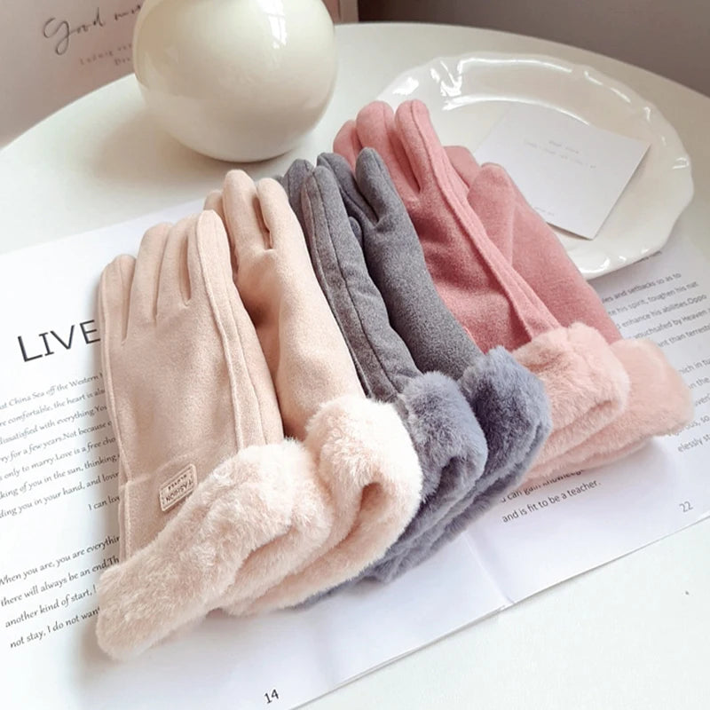 Autumn Winter Warm Suede Gloves Velvet Thickened Plush Decor Cuff Qme