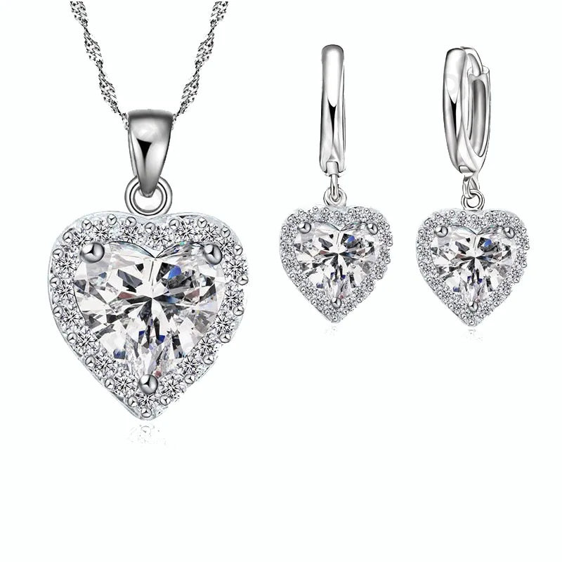 Trendy Jewelry Set for Women 925 Sterling Silver Color Bridal Wedding Heart Austrian Crystal Necklaces Earring Set Valentine Day Qme Default Title