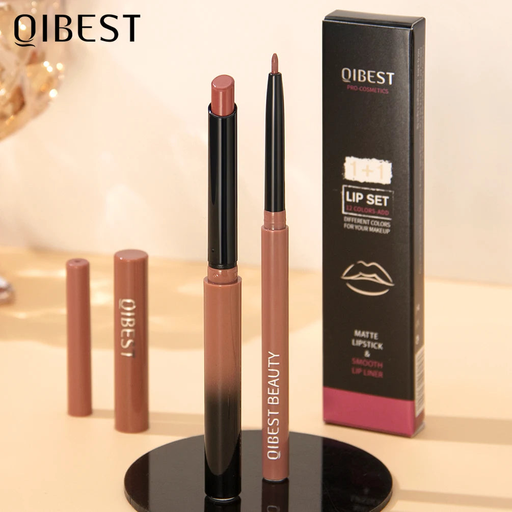 QIBEST 2pcs Lipstick Lipliner Pen Set Matte Nude Lip Liner Pencil Waterproof Long Lasting Lipstick Pen Contour Makeup For Women Qme