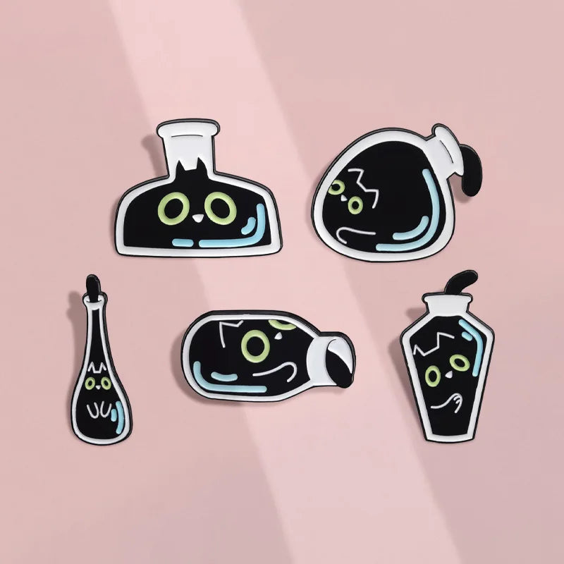 Cute Black Kitten In Bottle Brooch Enamel Pin Funny Cartoon Animal Metal Brooch Backpack Lapel Badge Decoration Jewelry Gift Qme