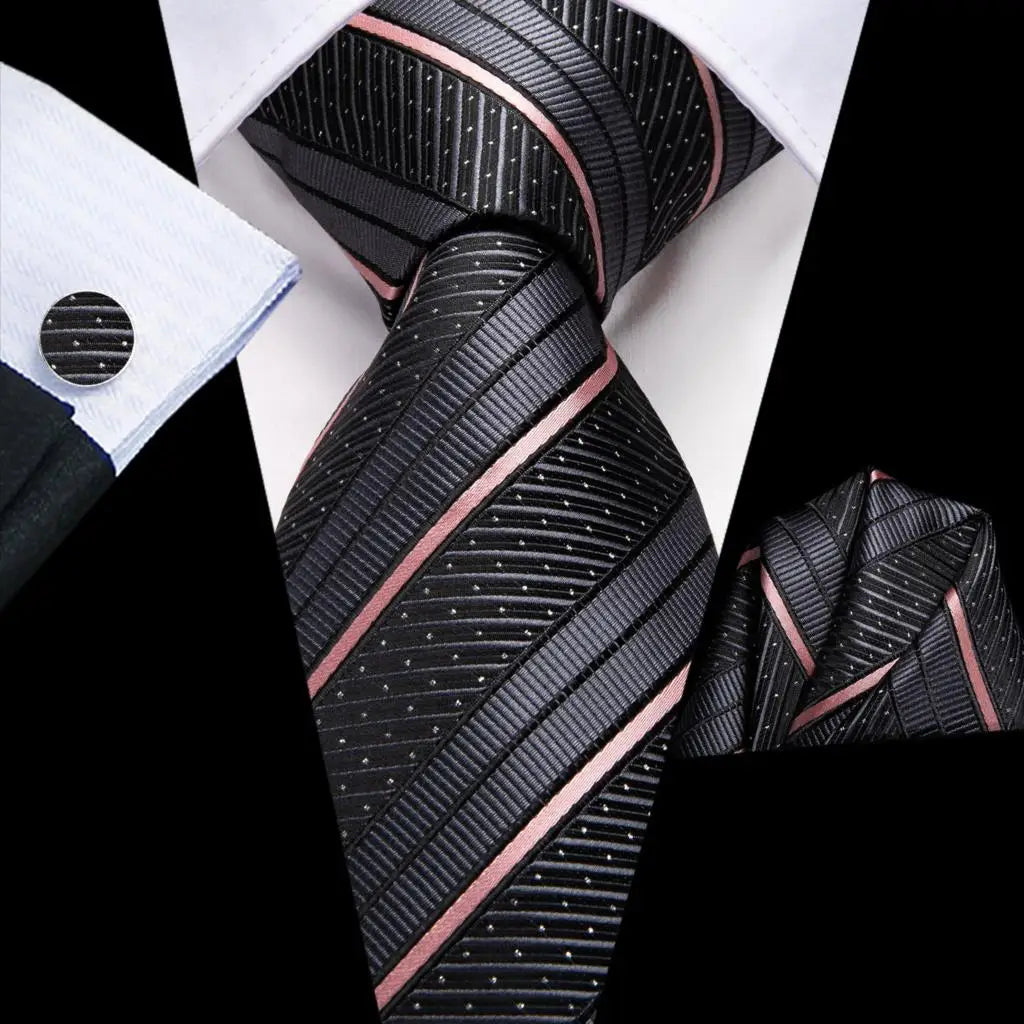 Hi-Tie Striped Navy Blue Mens Fashion Necktie Handkerchief Cufflinks for Tuxedo Accessory Classic Silk Luxury Tie for Man Gift Qme SN-3417