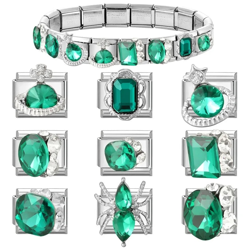 Trendy Green Emerald Inlay Zircon Shiny Italian Charm Link Fit 9mm Stainless Steel Bracelet DIY Making Men Women Jewelry Gifts Qme