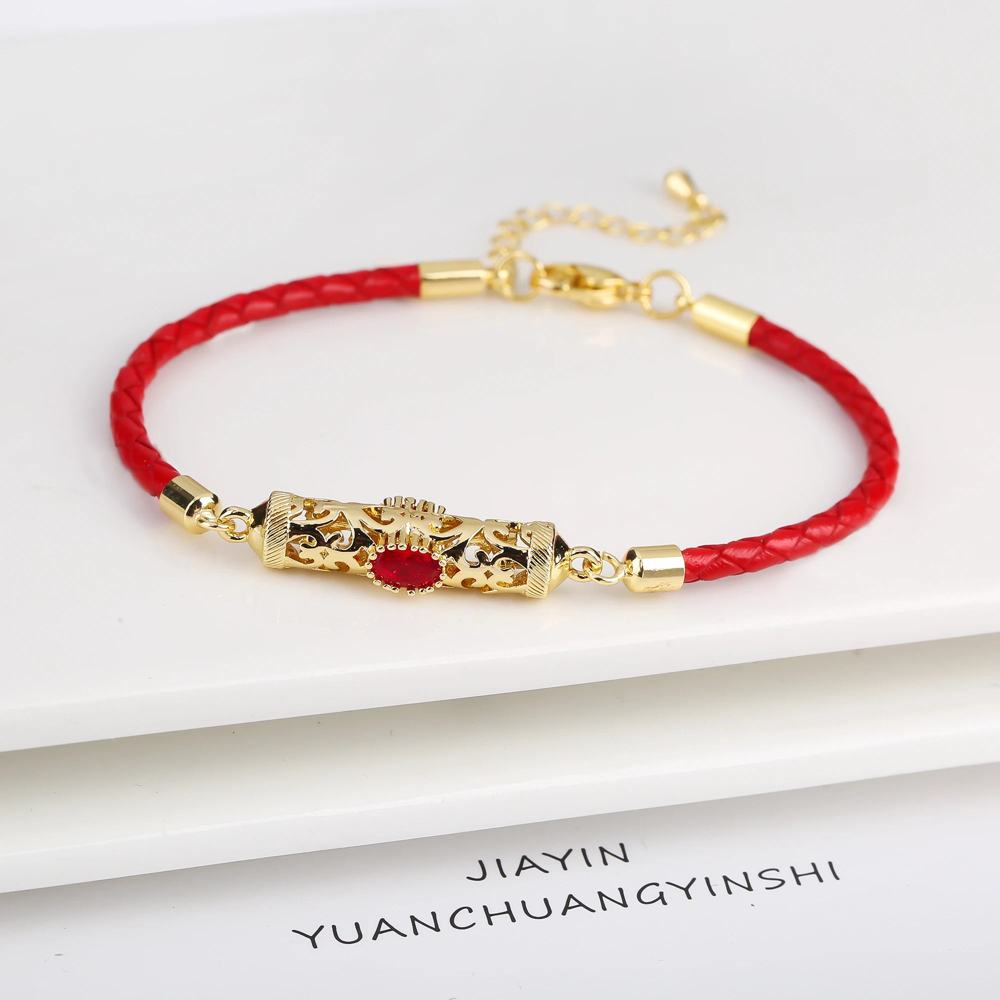 Gold-Plated Dragon Pillar Crystal Leather Braided Adjustable Bracelet Simple For Man Woman Party Holiday Jewelry Prayer Gift Qme Red