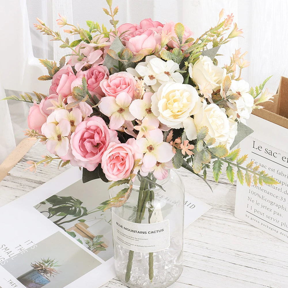 Home Decor Roses Autumn Artificial Flowers Silk Peony Hydrangea Big Bride Bouquet Wedding Home Party DIY Decoration Fake Flowers Qme