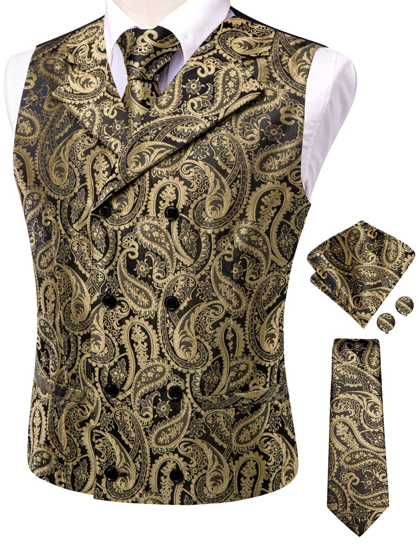Men's Golden Paisley Vest Tie Hanky Cufflinks Luxury Tops Weddings Qme HT-MJ-0173 S