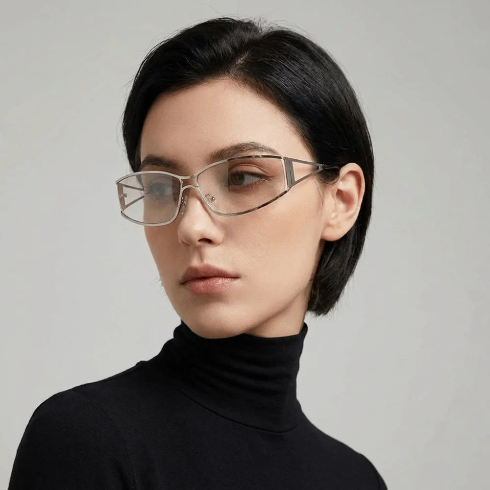 Vintage Y2k Frameless Sunglasses Metal Steampunk Rimless Oval Sunglasses Gradient Solid Color Fashion Shades Driving Qme