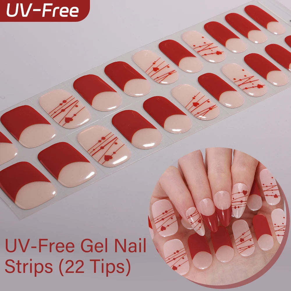 22Tips French Red Heart Kiss UV-Free Gel Nail Stickers Glitter Flower Qme BSA-0380