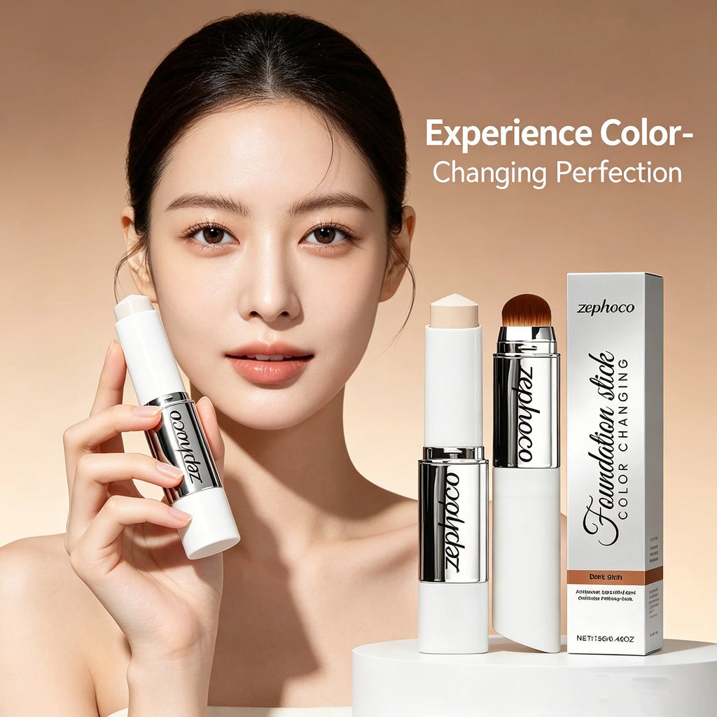 Zephoco Color Changing Foundation Stick Aloe Vera Waterproof Matte High Coverage Makeup Base 2 in 1 Blemish Cover Foundation 13g Qme