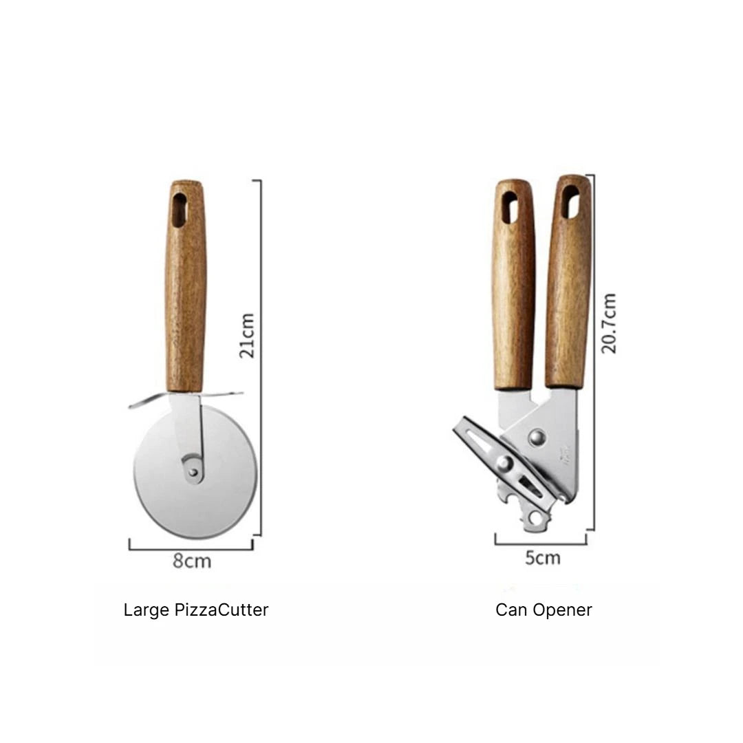 A Multifunctional Kitchen Gadgets Acacia Wood Stainless Steel Peeler Can Opener Egg Beater Pizza Cutter Cheese Spatula Set Qme