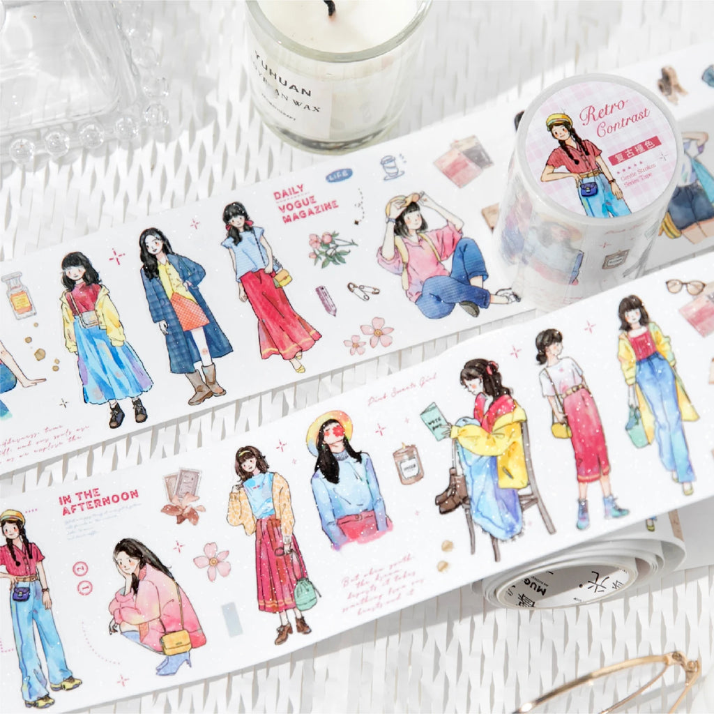 1 Roll Daily Fashion Characters Theme Sparkling Synthetic Paper Washi Tape for Journal Scrapbooking DIY Decoration Qme