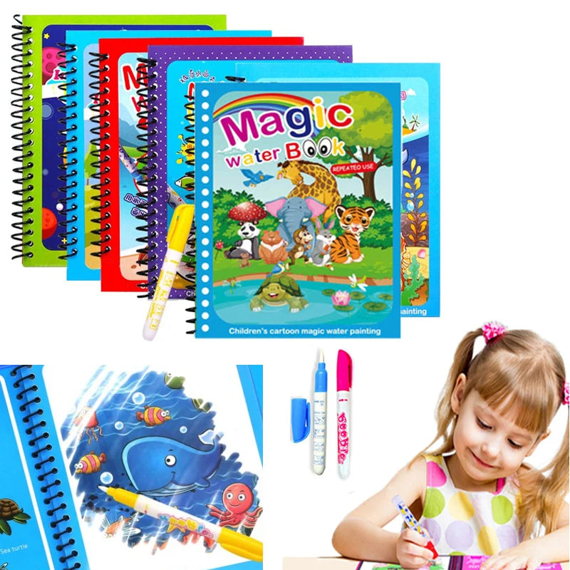Children Magical Book with Pen Water Drawing Montessori Toys Reusable Coloring Book Magic Water Drawing Book Early Education Toy Qme