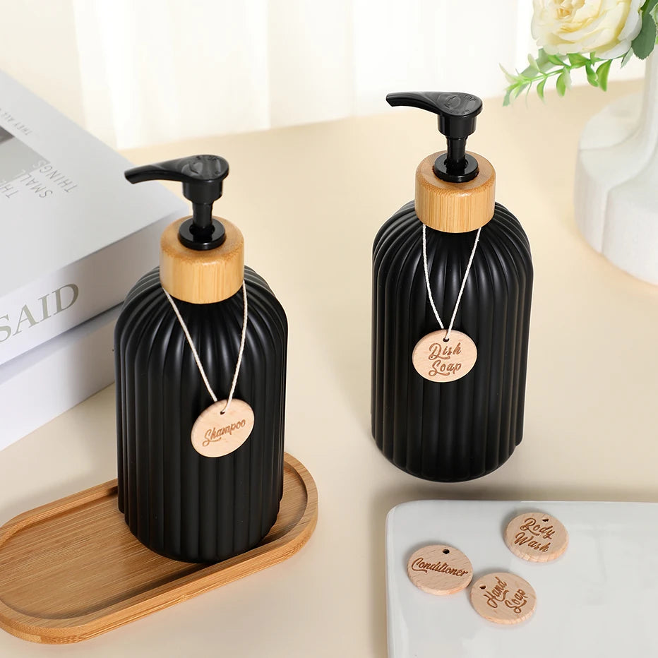 Strip Soap Dispenser with Bamboo Pump Refillable Shampoo Conditioner Hands and Dishes Soap Dispenser Bottle for Kitchen Bathroom Qme