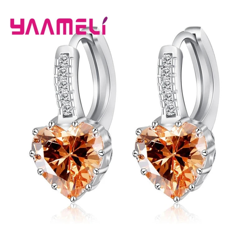Big Sale 925 Sterling Silver Color Loop Hoop Earrings Candy Cubic Zircon Charms Women Jewelry Wedding Accessory Brincos Qme Champagne heart