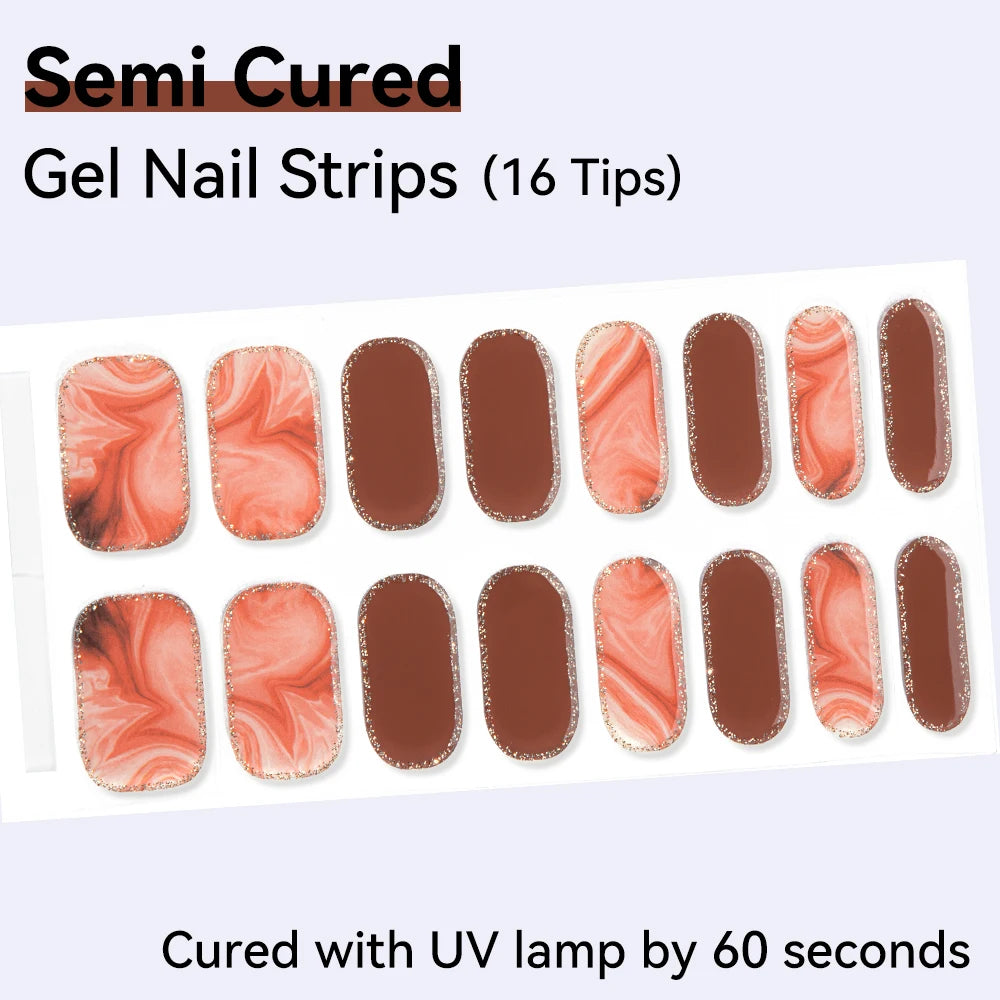 16Tips Semi-cured Gel Nail Sticker Colorful French Glitter UV LED Qme NF240171
