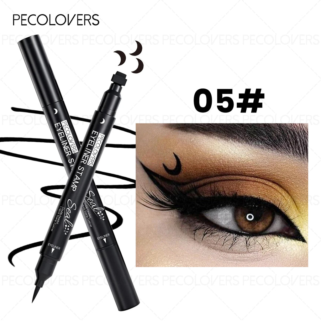 Dual-ended 2-in-1 Eyeliner Stamp, Smooth Black Liquid Eyeliner Pen, Cat Eye Smiley Moon Heart Stamp One-Swipe, Whimsical Makeup Qme 05