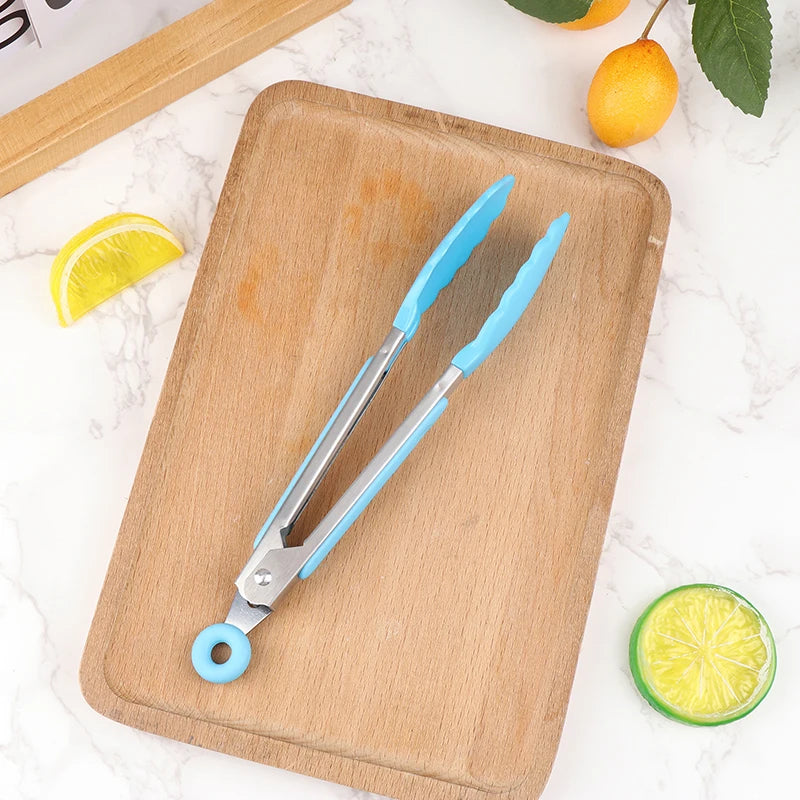 Stainless Steel Food Clip BBQ Grill Steak Non-slip Handle Bread Tong Qme Sky blue