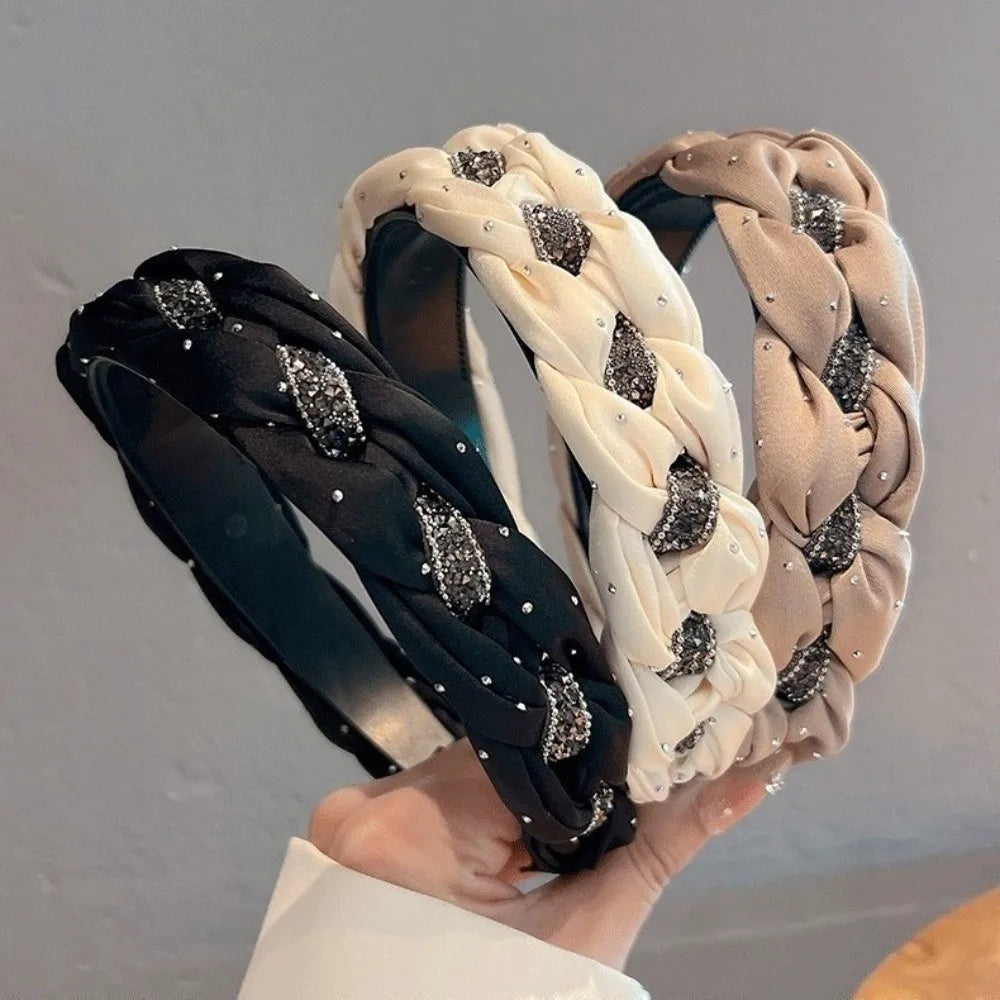 Wide Brim Rhinestone Headband Soft Fabric Twisted Knotted High Cranial Hair Hoop Elegant Non-Slip Braided Hairband Women Qme