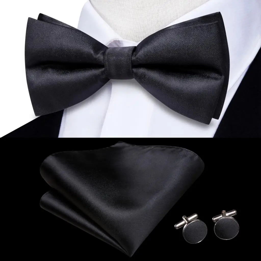 Hi-Tie Striped Black Red Mens Bow Tie Hankerchief Cufflink Pre-tied Silk Butterfly Knot Bowtie for Male Business Party Wholesale Qme S1-LH-2588