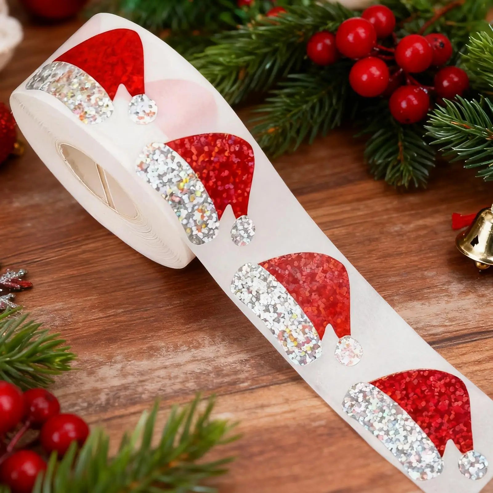 Santa Hat Stickers Roll 500 Pieces Christmas Decor Stickers Scrapbook Decals for Holiday Home Gathering Party School Kids Adults Qme