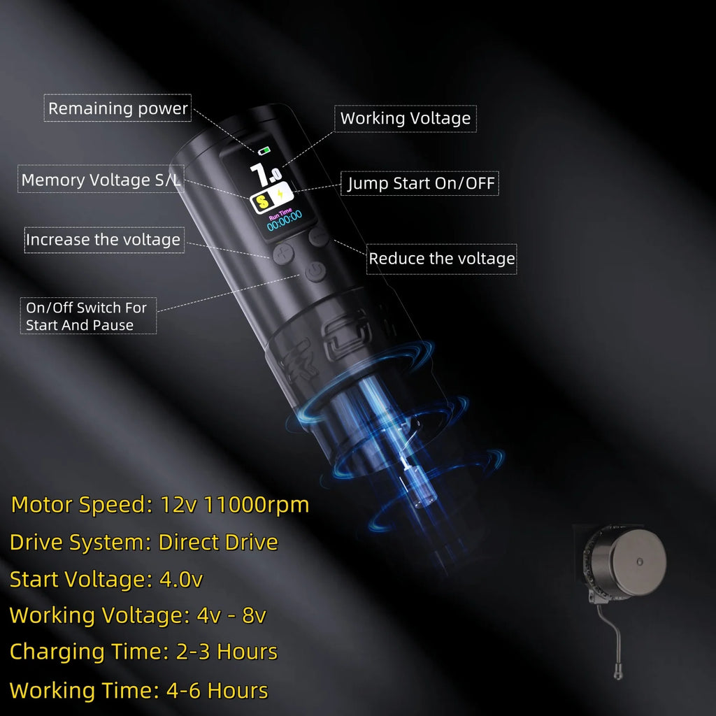 ROKYO Direct Drive Wireless Tattoo Pen Machine 4.0mm Stroke 1600mAh Light Weight Brushless Motor Power For Liner Shading Tattoo Qme